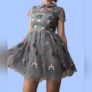 gray tulle embroidery mini dress
